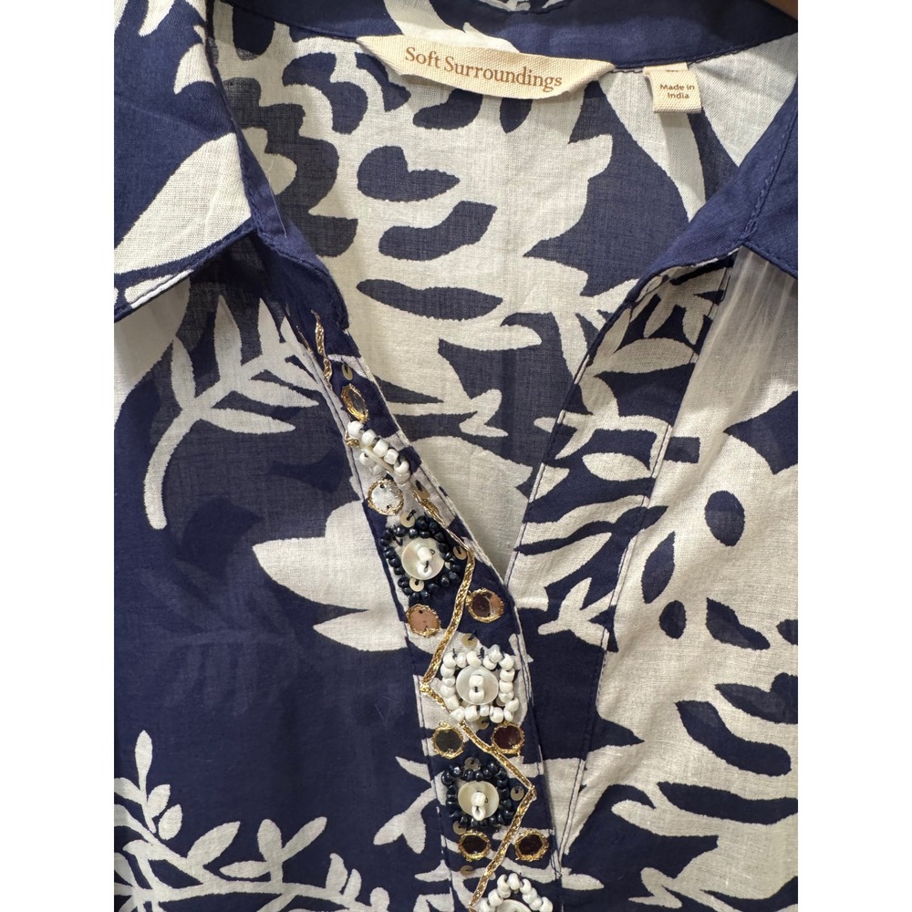 Soft Surroundings Navy‎ White Floral Beaded Cotton Tunic Top 2FT36 Mens Medium - Picture 3 of 7